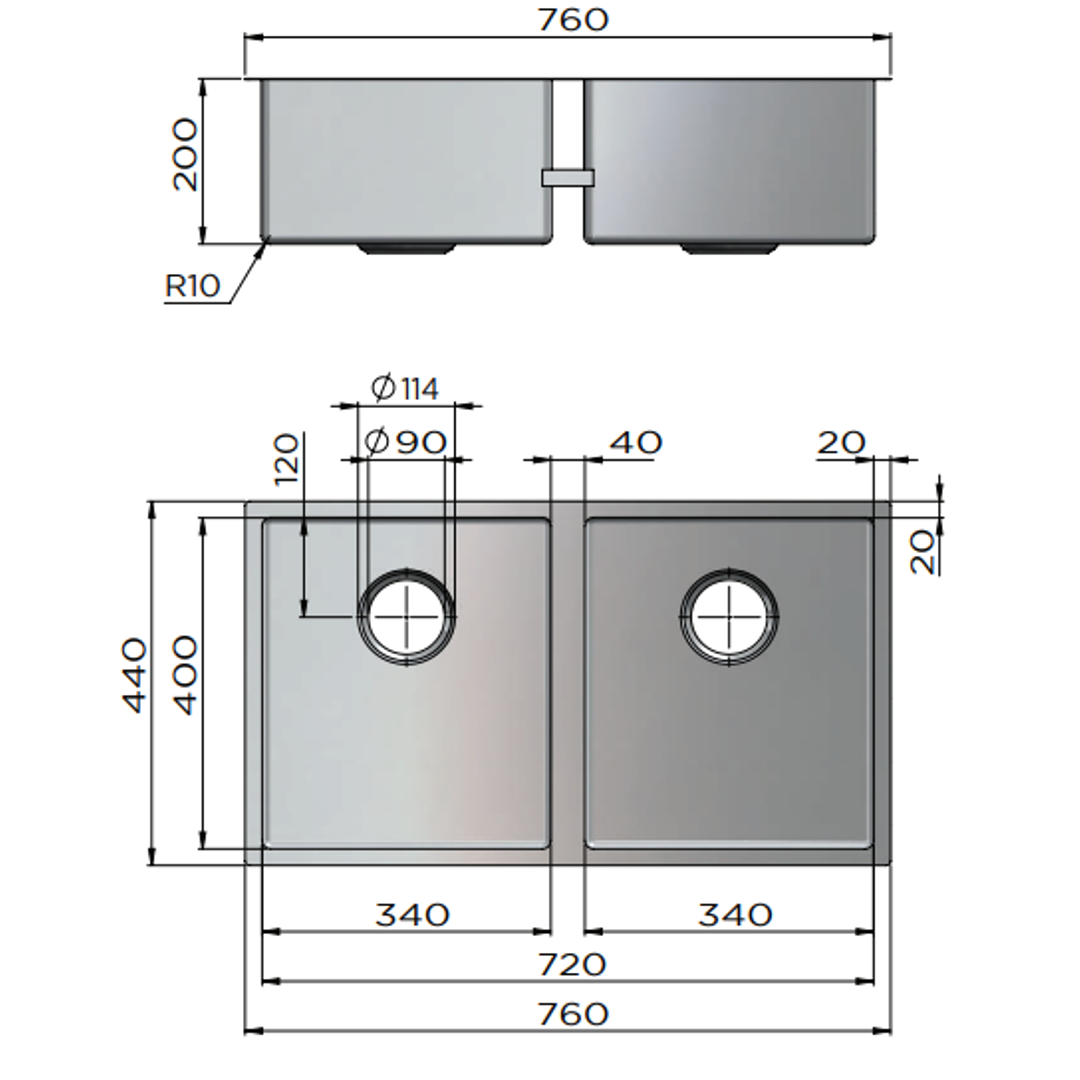 Meir Double Bowl Pvd Kitchen Sink 760mm - Brushed Gun Metal