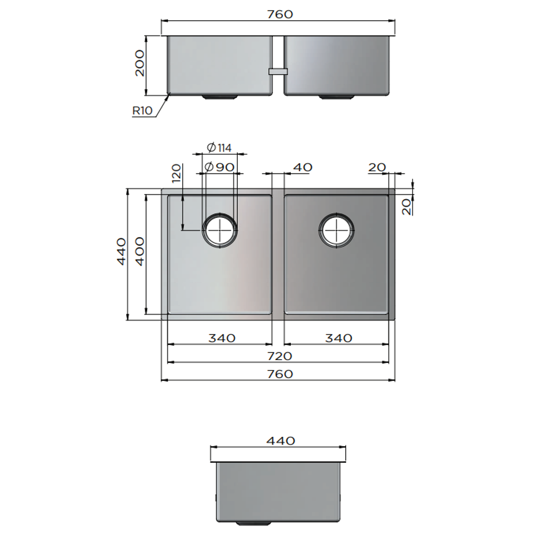 Meir Kitchen Sink Double Bowl 760mm X 440mm - Brushed Nickel