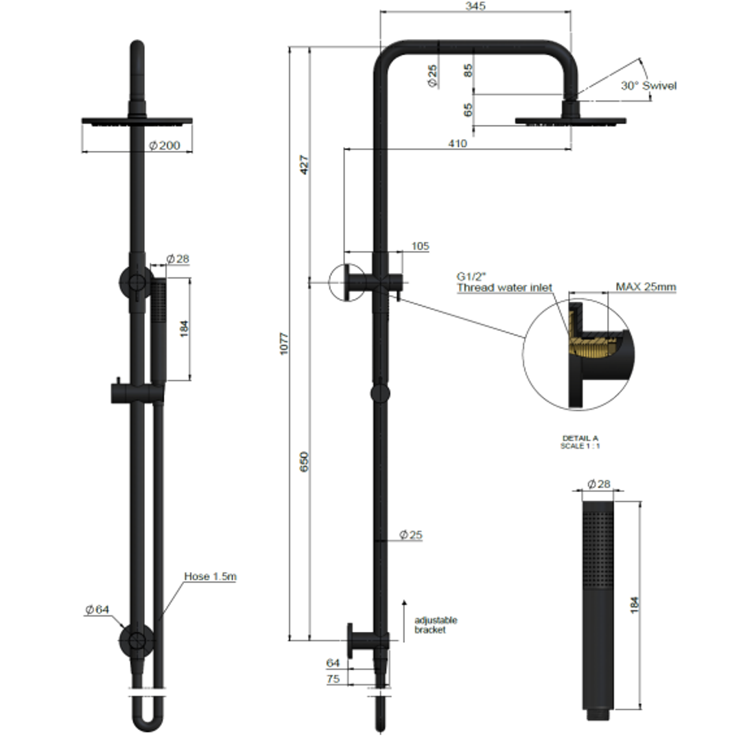 Meir Round Combination Shower Rail 300mm Rose Single Function Hand Shower Shadow