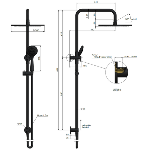 Meir Round Combination Shower Rail 300mm Rose Three Function Hand Shower Polished Chrome