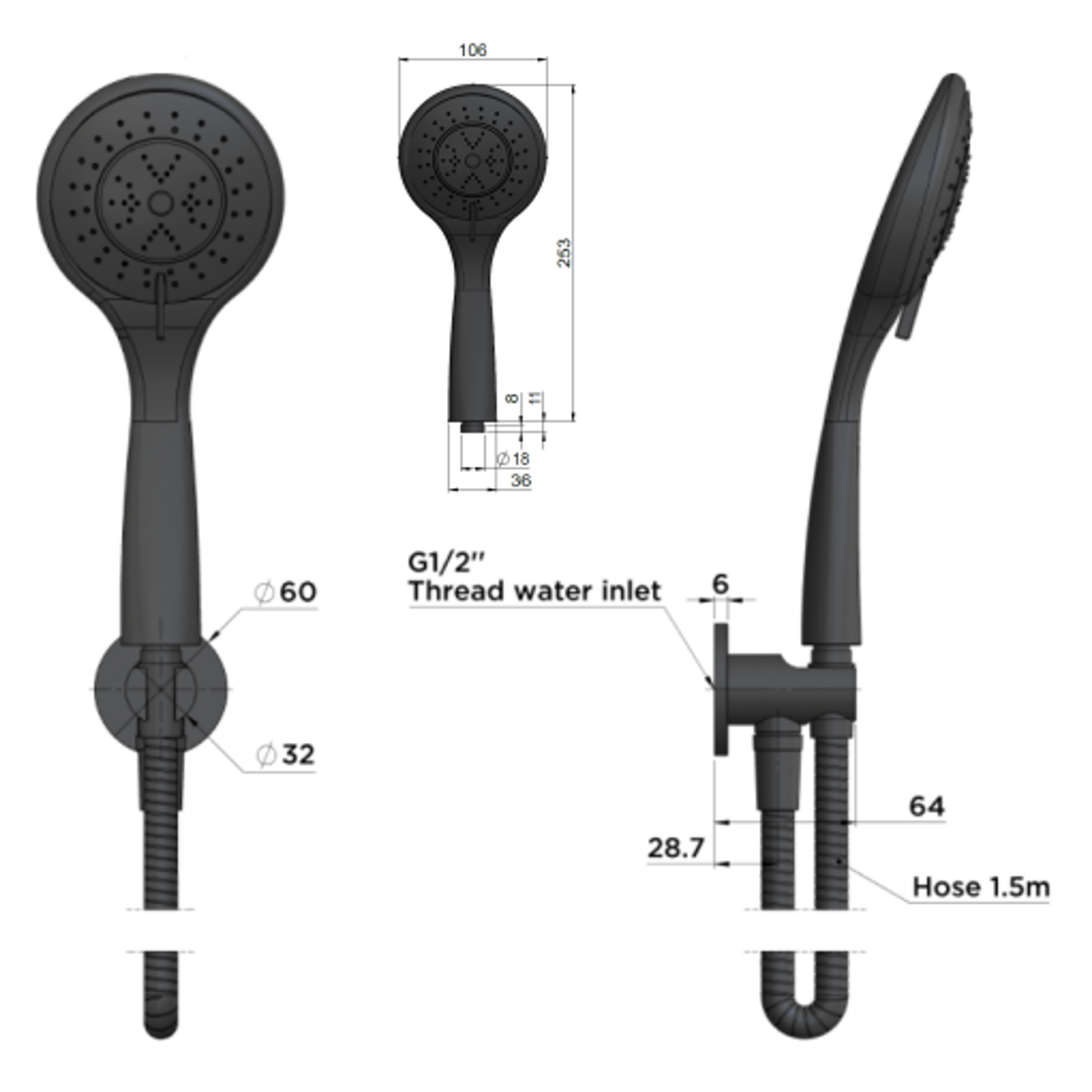 Meir Round Three Function Hand Shower On Fixed Bracket Matte Black