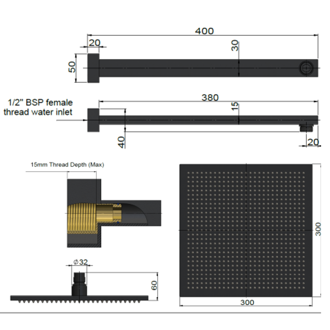 Meir Square Wall Shower 300Mm Rose 400Mm Arm Matte Black