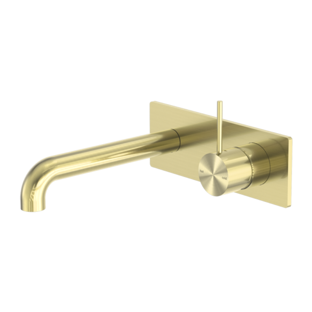 Nero Mecca Wall Basin Mixer Handle Up 185mm Spout Brushed Gold