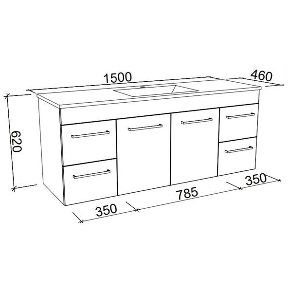 BARGO VANITY 1500MM SINGLE BOWL HAVEN POLYMARBLE TOP  WALL HUNG(TIMBERLN P#:B151HW)
