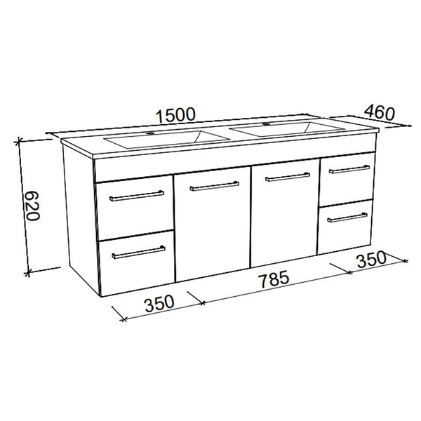 BARGO VANITY 1500MM DOUBLE BOWL HAVEN POLYMARBLE TOP  WALL HUNG(TIMBERLN P#:B152HW)
