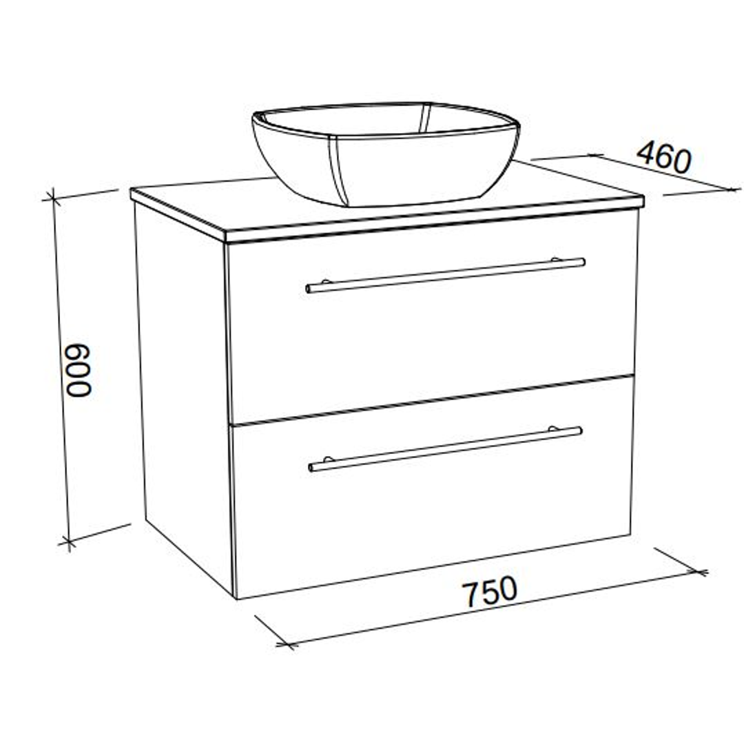 Timberline Oxbow Vanity 750mm 20mm Silk Surface Top With Ceramic Basin Wall Hung