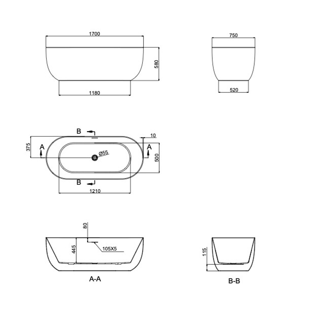 Linsol Nora 1700Mm Freestanding Bath With Overflow Ginger