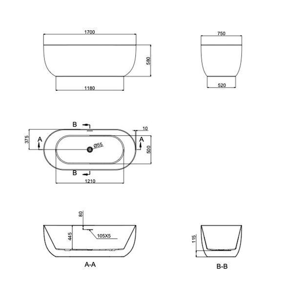 Linsol Nora 1700Mm Freestanding Bath With Overflow Ginger