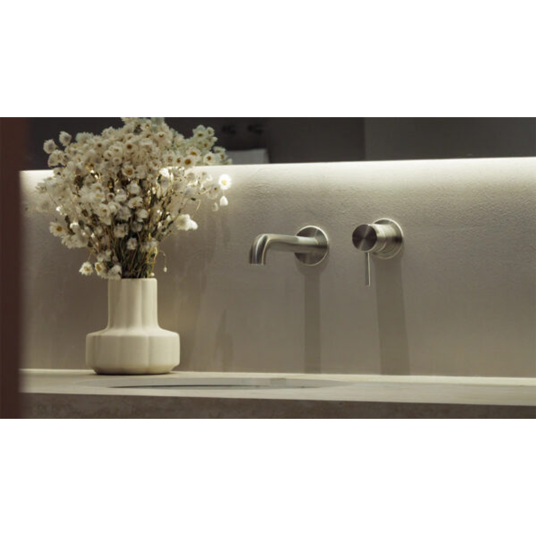 Nero Zen Stainless Steel Wall Basin/Bath Mixer Separate Back Plate 230Mm Spout Brushed Gold