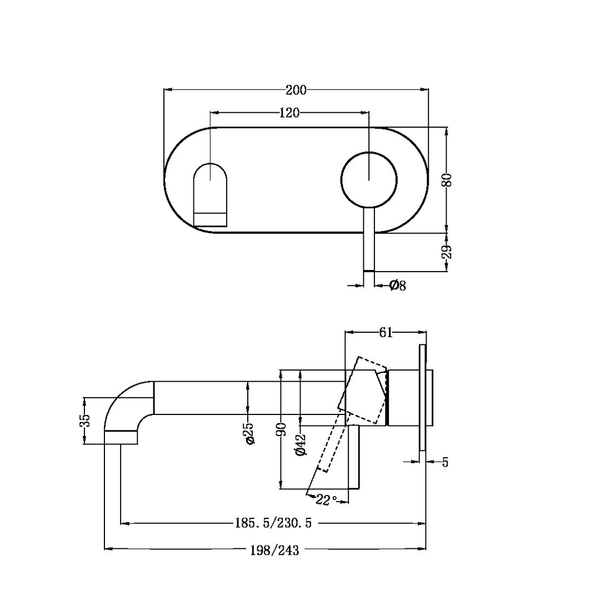 Nero Zen Stainless Steel Wall Basin/Bath Mixer 185Mm Spout Trim Kits Only Graphite