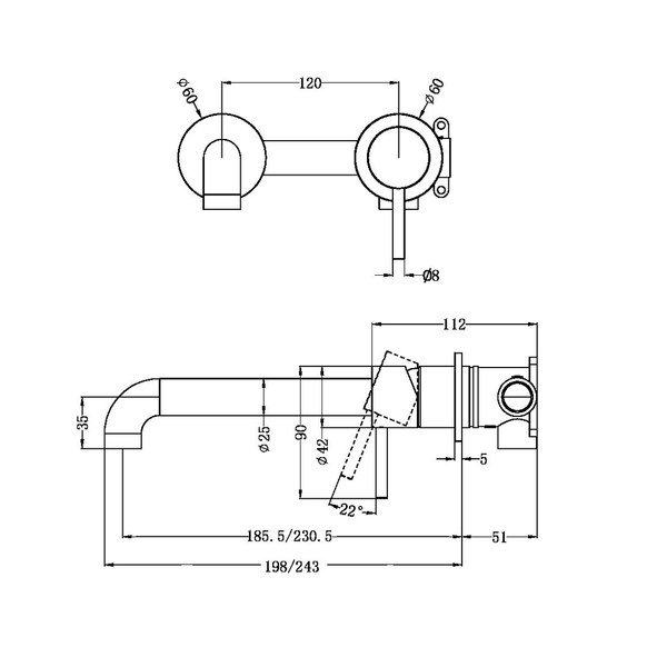 Nero Zen Stainless Steel Wall Basin/Bath Mixer Separate Back Plate 230Mm Spout Graphite