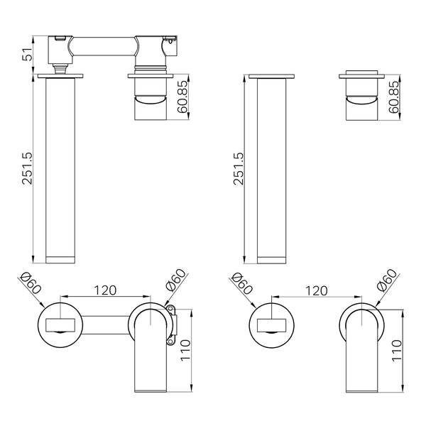 Nero Bianca Wall Basin/Bath Mixer Separate Back Plate 230Mm Brushed Gold