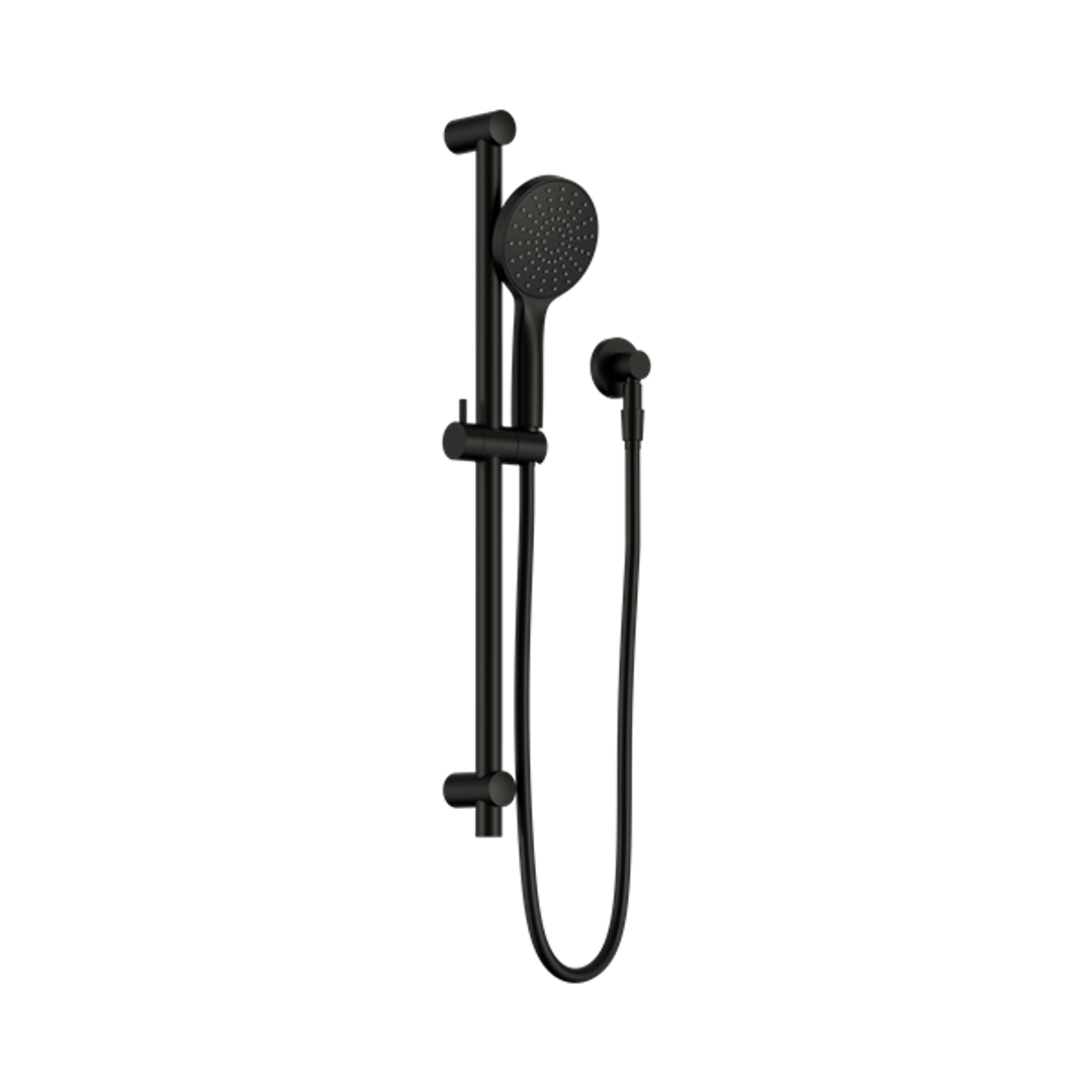 A matte black shower fixture set featuring a wall-mounted vertical bar, a round overhead shower head, and a detachable handheld shower wand with a flexible hose, shown against a solid white background.