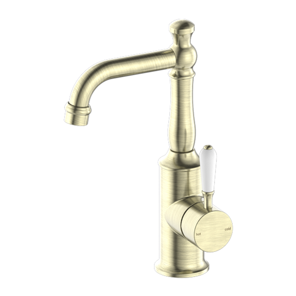 Nero York Basin Mixer With White Porcelain Lever Aged Brass