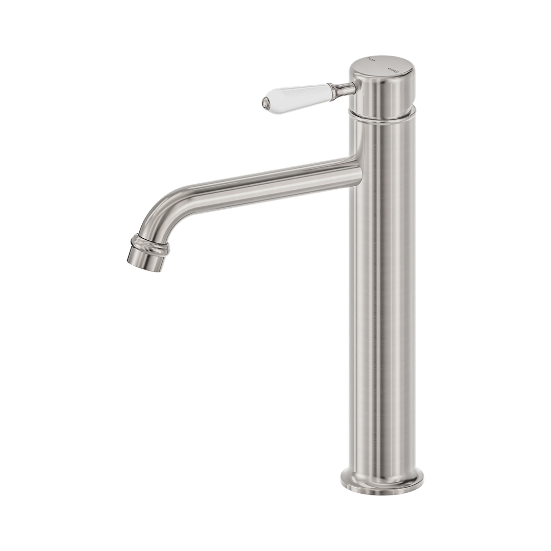 Nero York Straight Tall Basin Mixer With White Porcelain Lever Brushed Nickel
