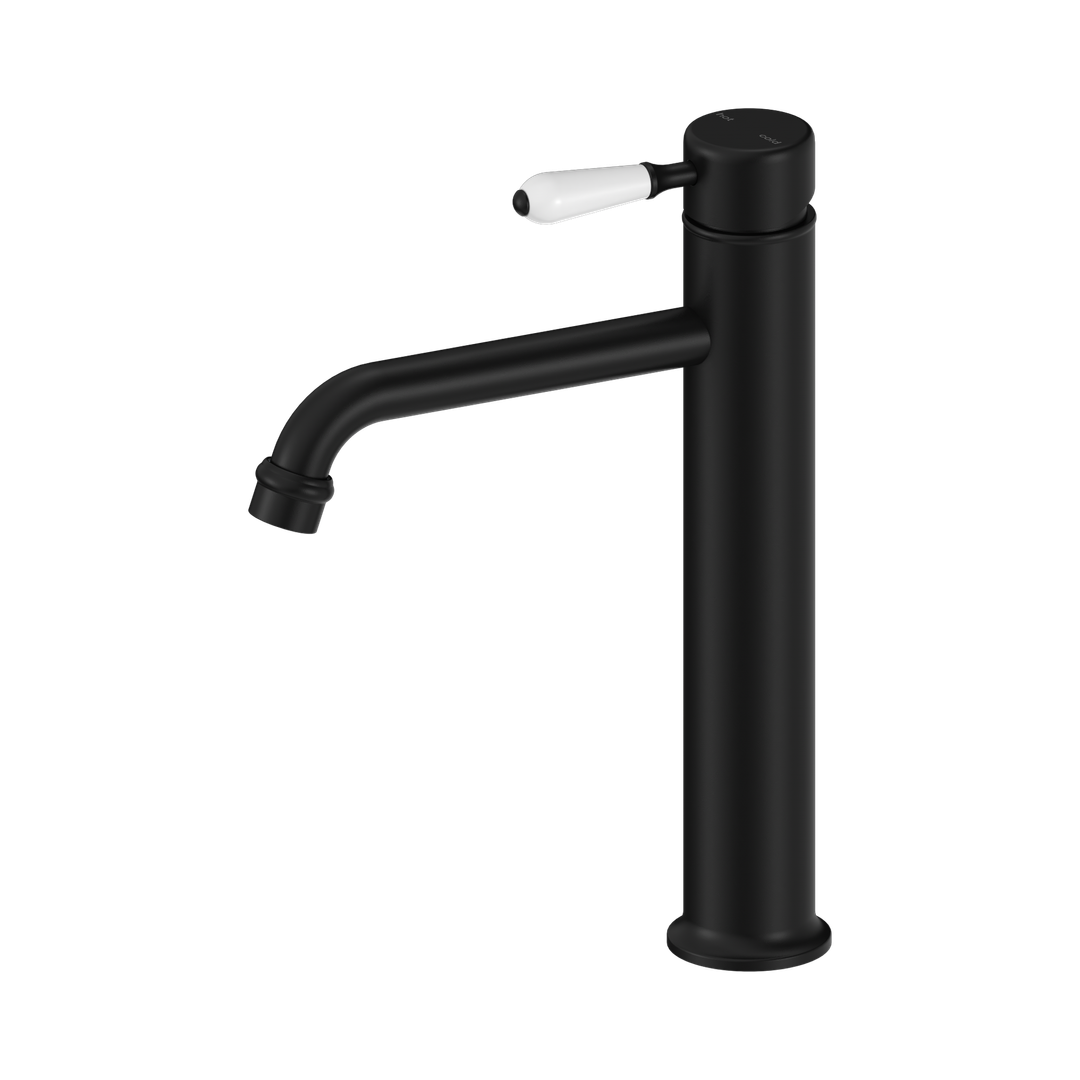 Nero York Straight Tall Basin Mixer With White Porcelain Lever Matte Black