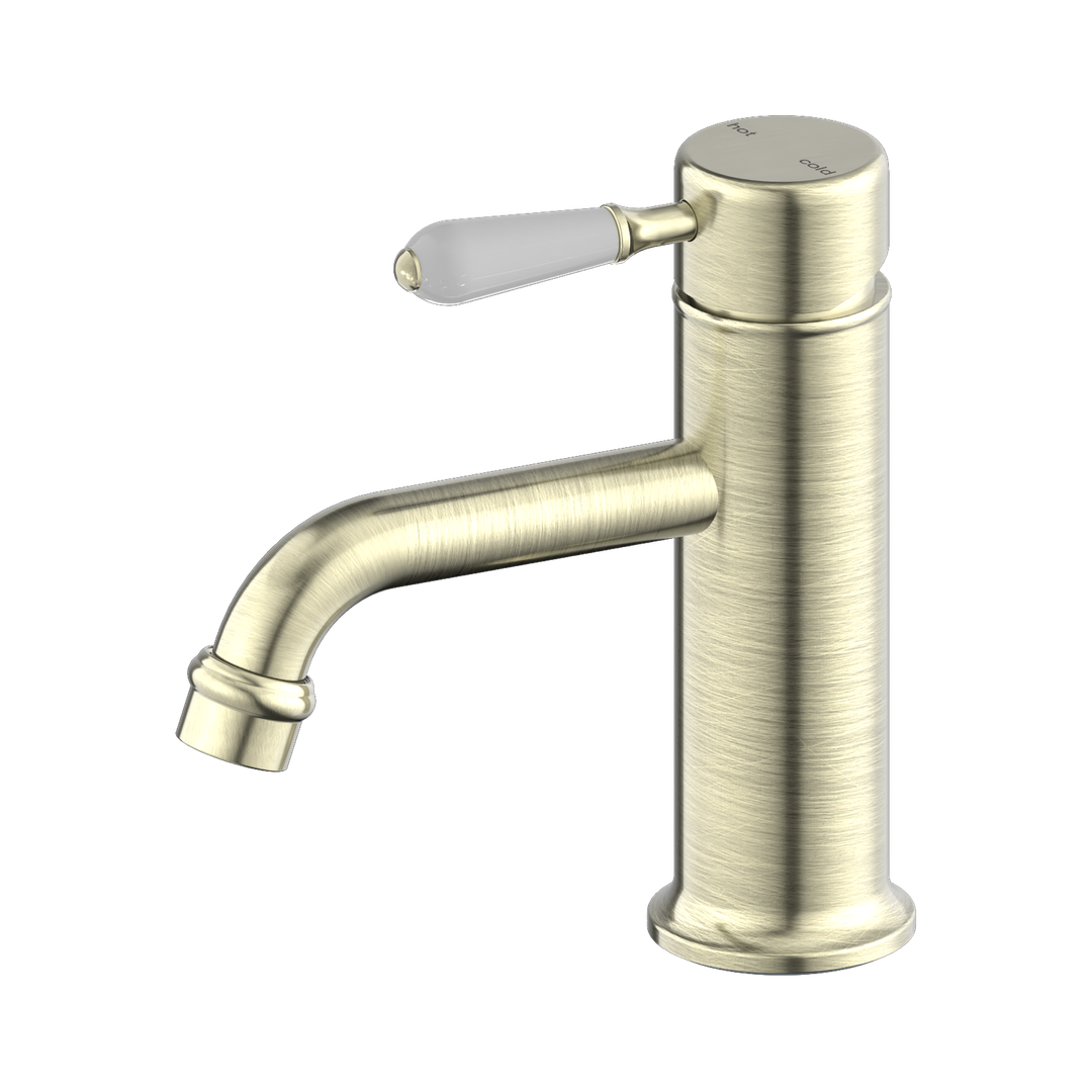 NERO YORK STRAIGHT BASIN MIXER WITH WHITE PORCELAIN LEVER AGED BRASS