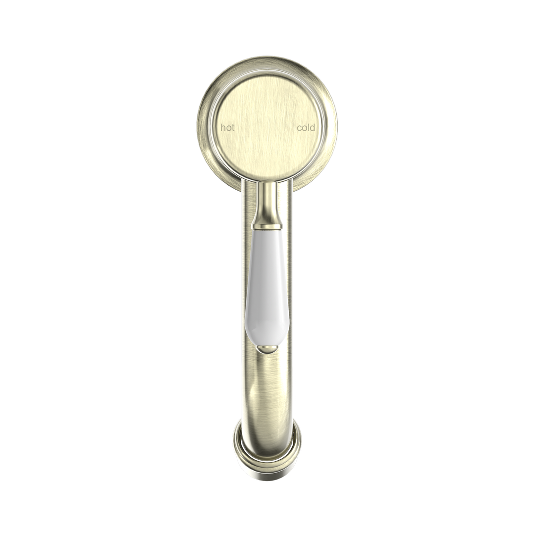 NERO YORK STRAIGHT BASIN MIXER WITH WHITE PORCELAIN LEVER AGED BRASS