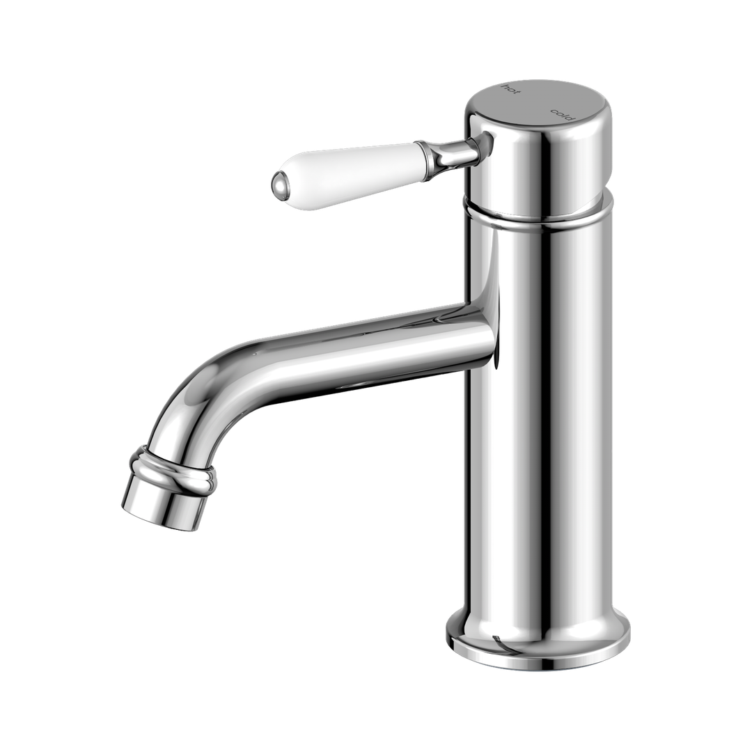 Nero York Straight Basin Mixer With White Porcelain Lever Chrome