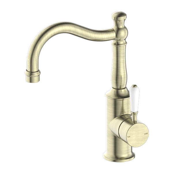 Nero York Basin Mixer Hook Spout With White Porcelain Lever Aged Brass