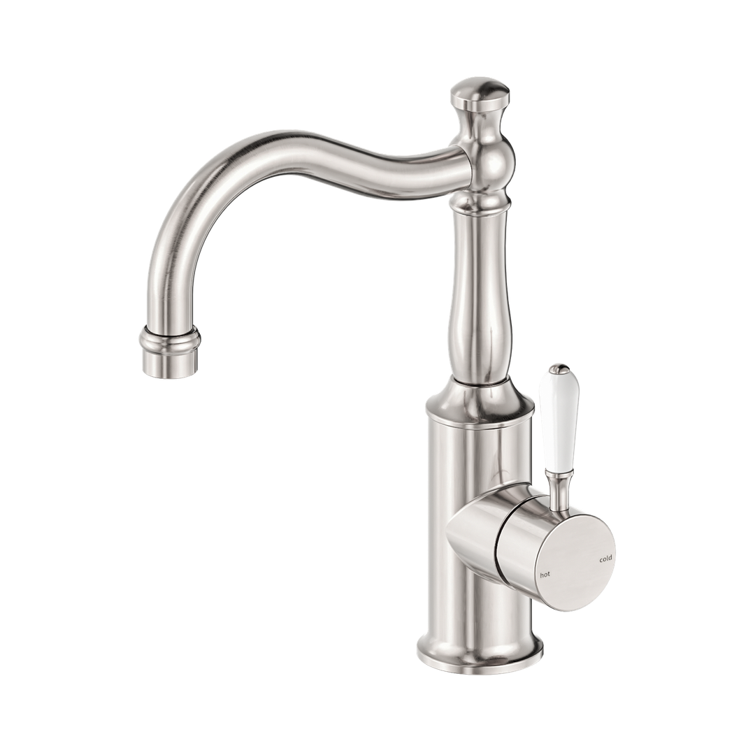Nero York Basin Mixer Hook Spout With White Porcelain Lever Brushed Nickel