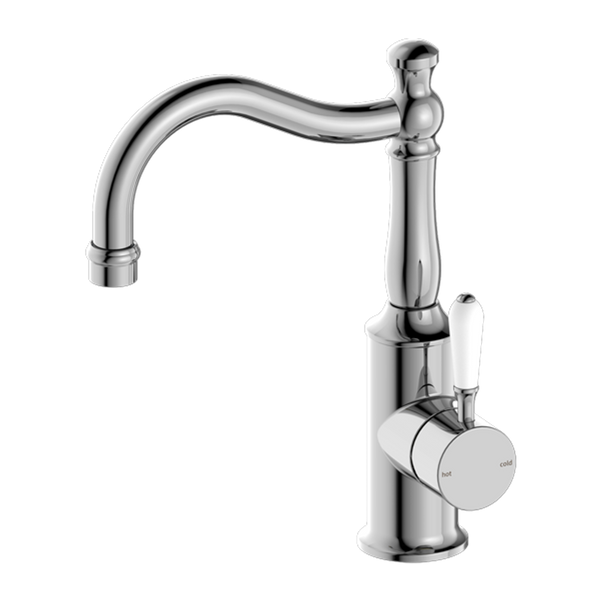 Nero York Basin Mixer White Porcelain Lever Hook Spout Chrome