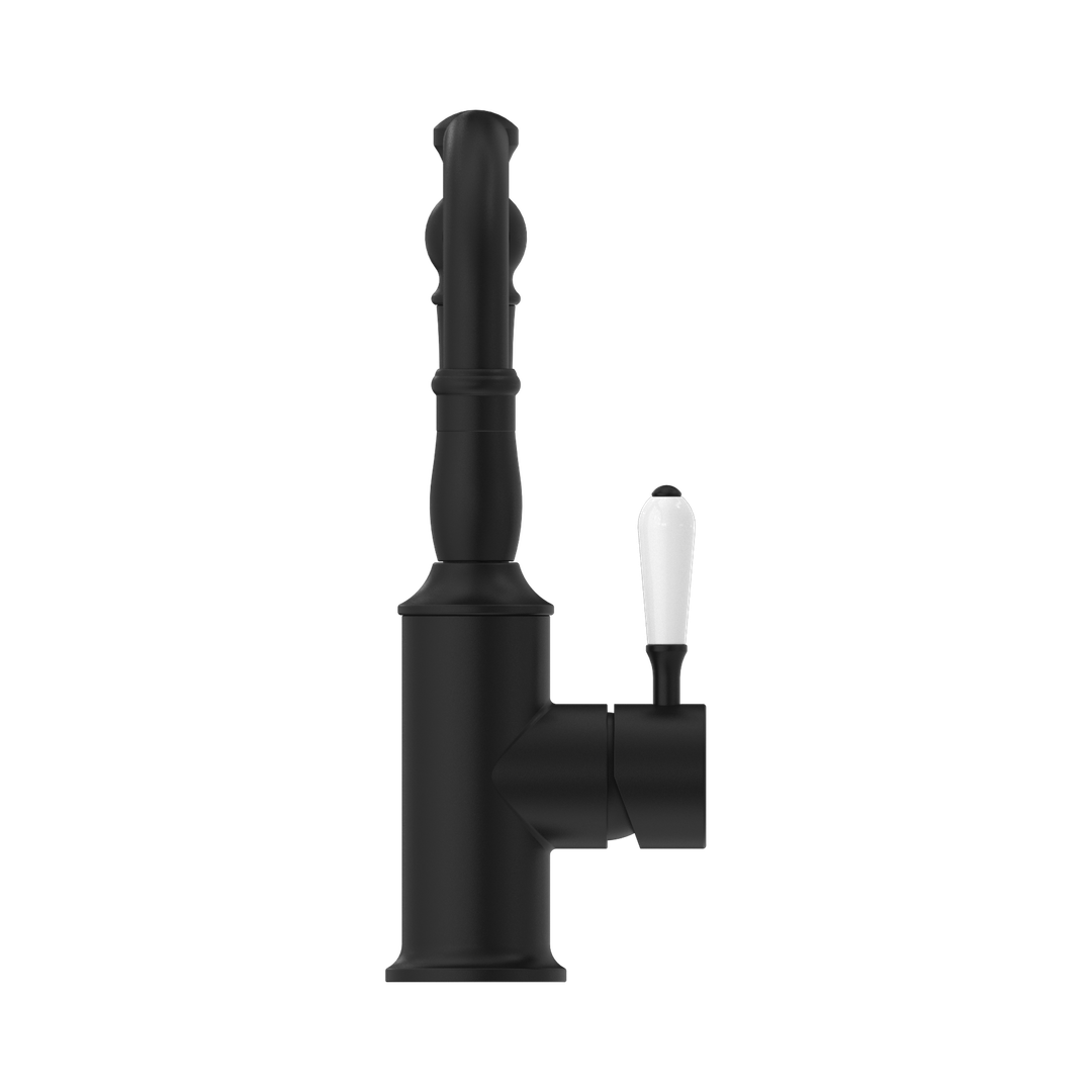 Nero York Basin Mixer Hook Spout With White Porcelain Lever Matte Black