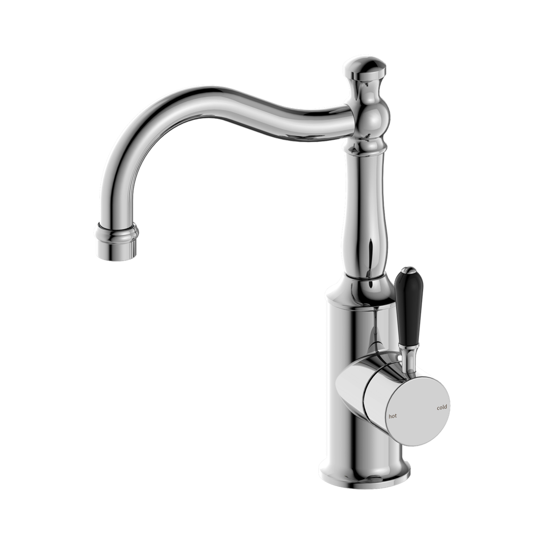 Nero York Basin Mixer Hook Spout With Black Porcelain Lever Chrome