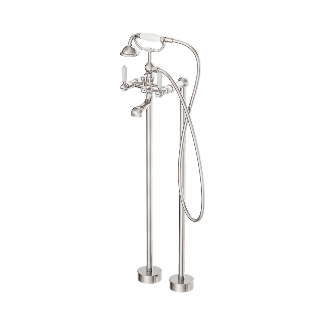 Nero York Freestanding Bath Set With White Porcelain Hand Shower Brushed Nickel