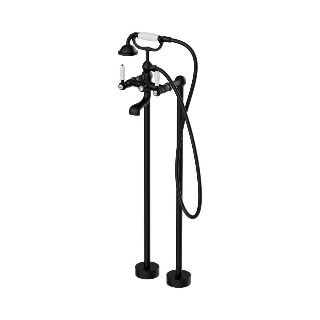 Nero York Freestanding Bath Set With White Porcelain Hand Shower Matte Black
