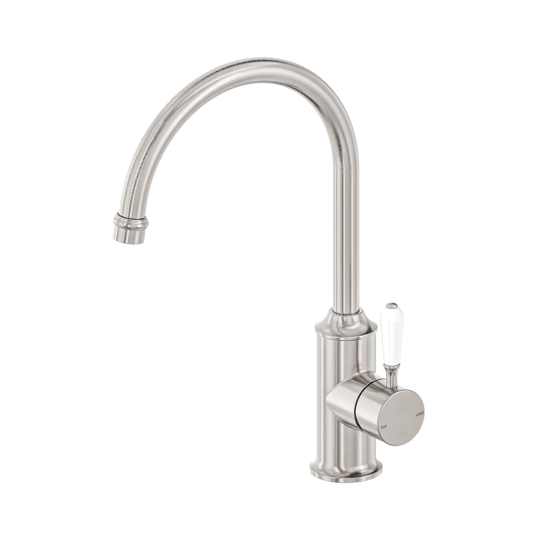 Nero York Kitchen Mixer Gooseneck Spout With White Porcelain Lever Brushed Nickel