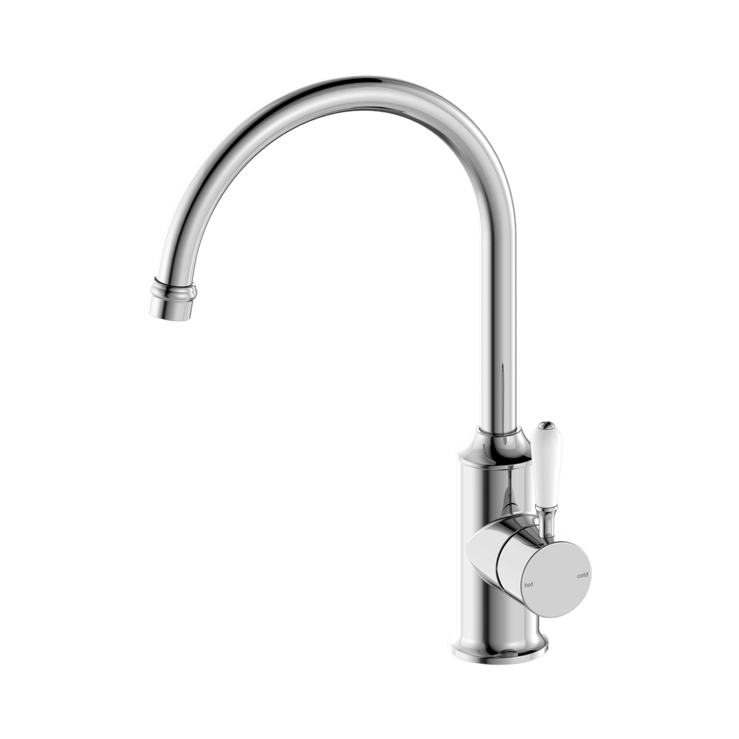 Nero York Kitchen Mixer Gooseneck Spout With White Porcelain Lever Chrome