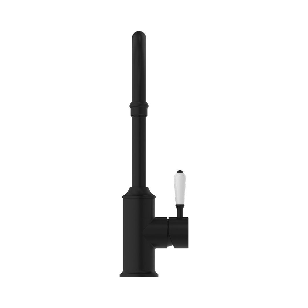 Nero York Kitchen Mixer Gooseneck Spout With White Porcelain Lever Matte Black