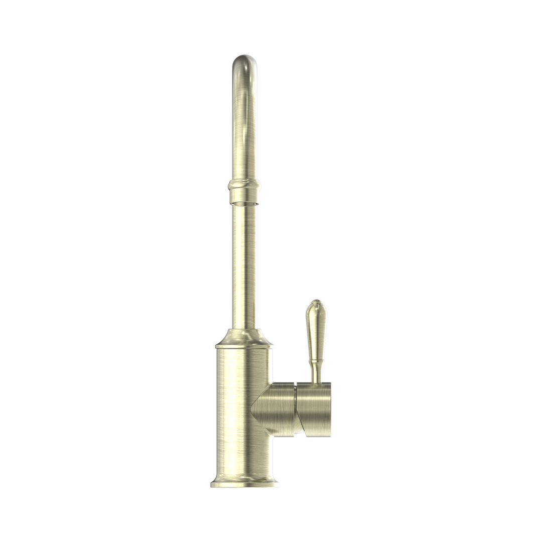 Nero York Kitchen Mixer Gooseneck Spout With Metal Lever Aged Brass