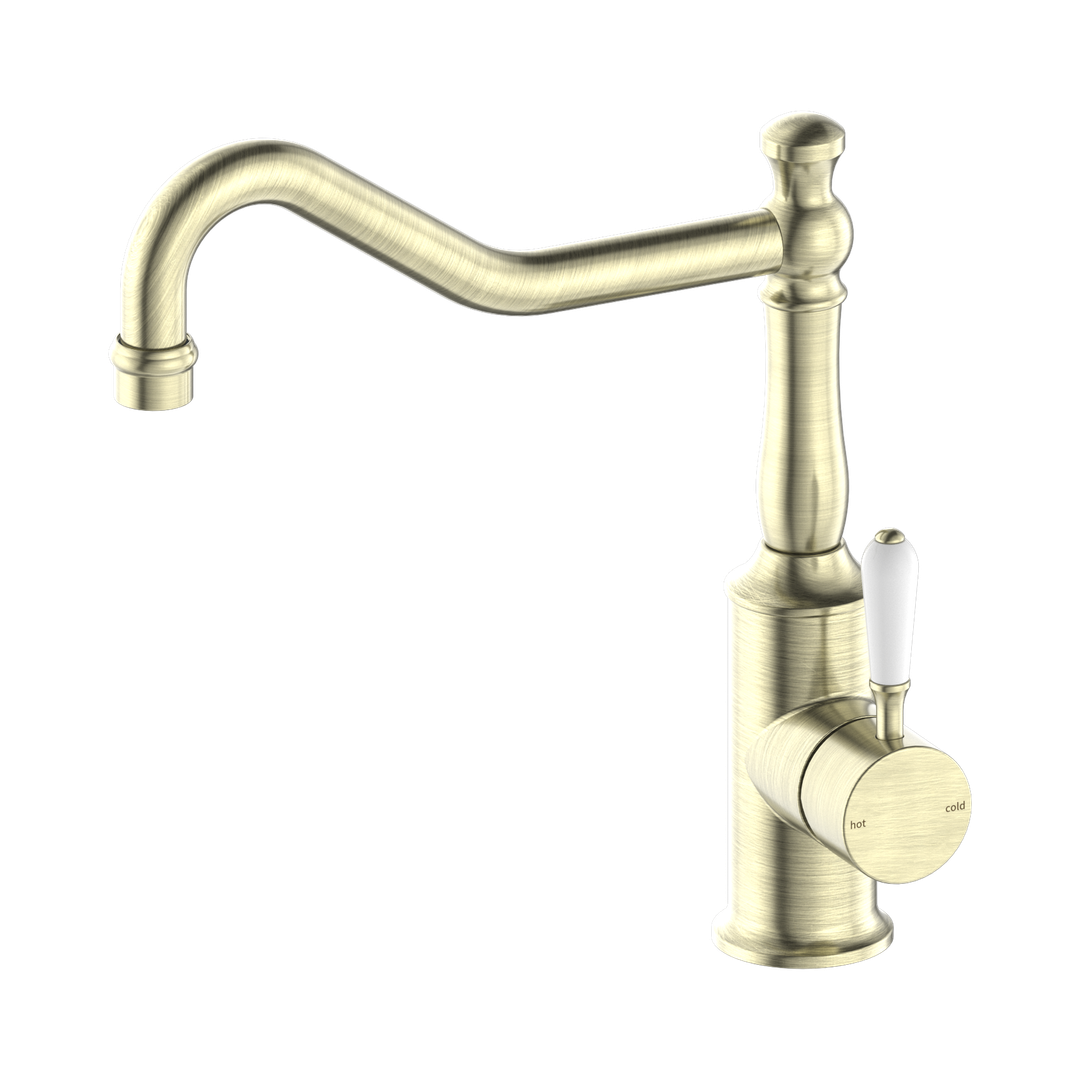 Nero York Kitchen Mixer Hook Spout With White Porcelain Lever Aged Brass