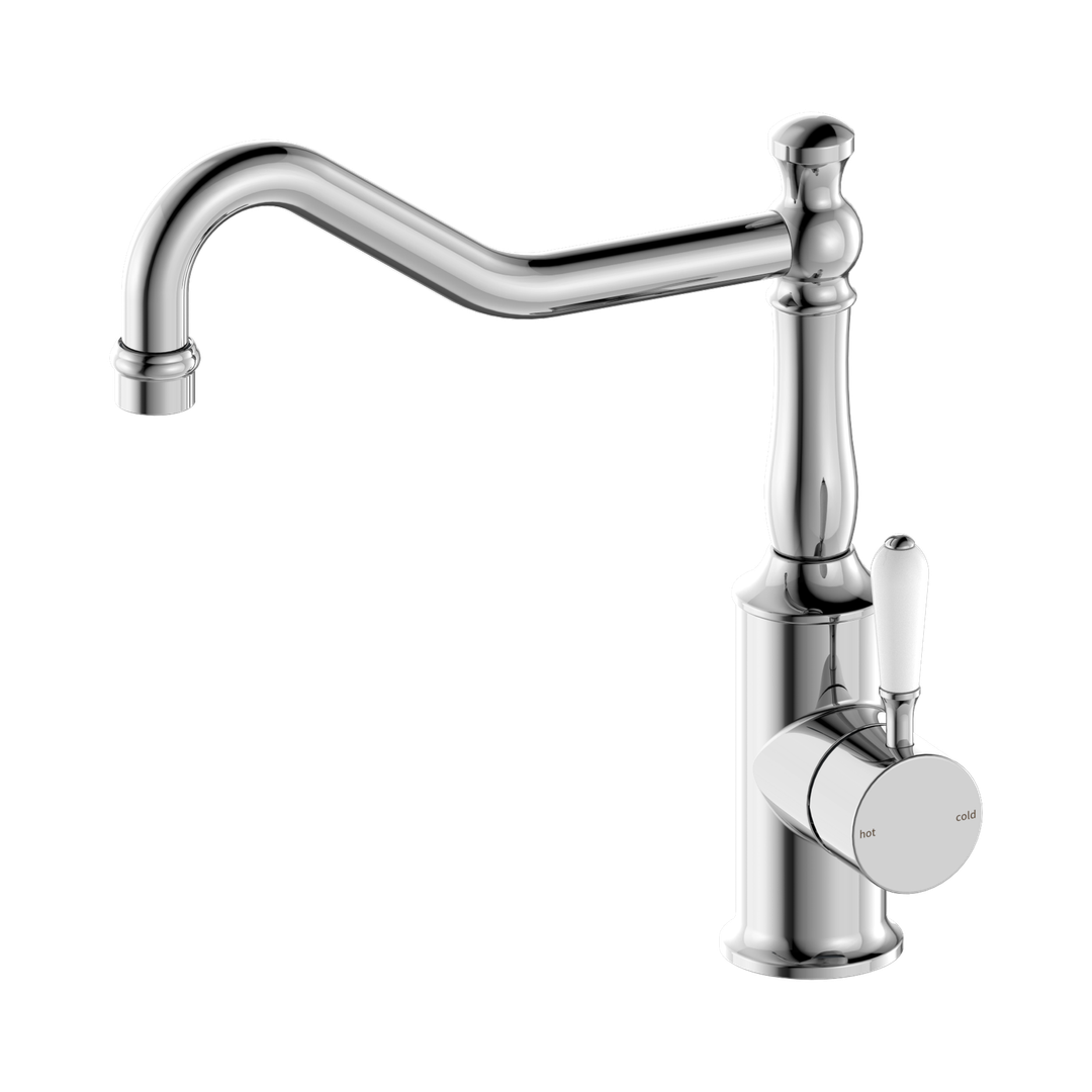 Nero York Kitchen Mixer Hook Spout With White Porcelain Lever Chrome