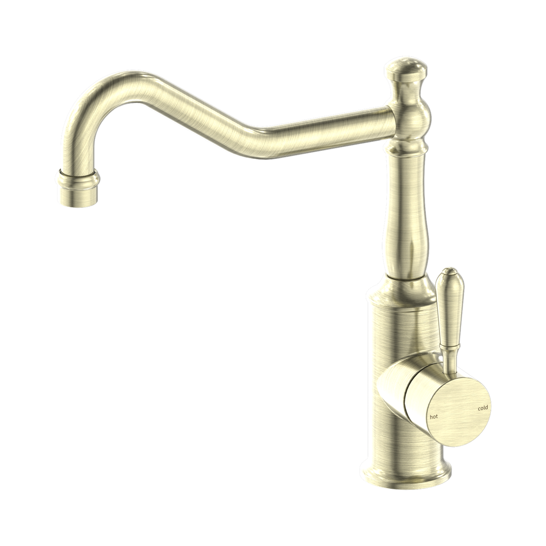 Nero York Kitchen Mixer Hook Spout With Metal Lever Aged Brass