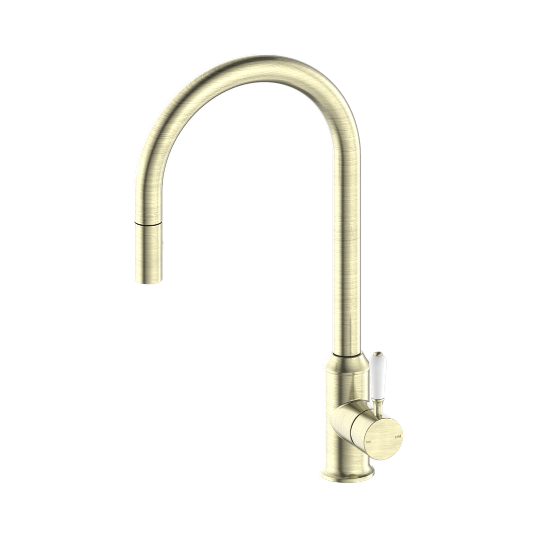 Nero York Pull Out Sink Mixer & Vegie Spray Function C/W White Porcelain Lever Aged Brass
