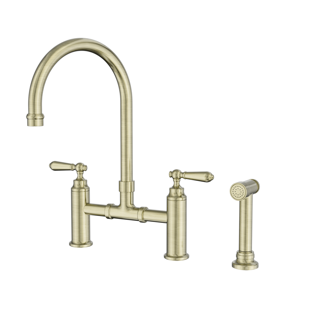 Nero York Bridge Kitchen Set With Hand Spray Aged Brass