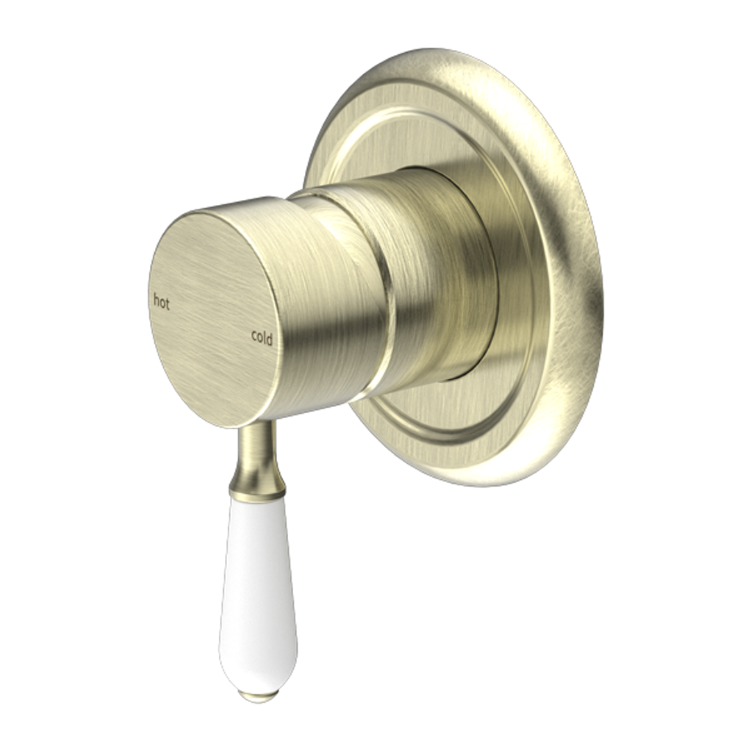 Nero York Shower Mixer With White Porcelain Lever Aged Brass