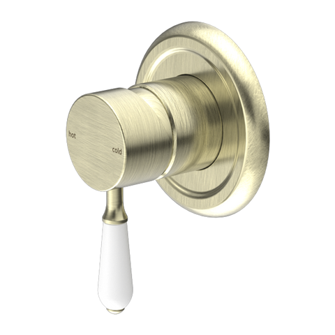 Nero York Shower Mixer With White Porcelain Lever Aged Brass