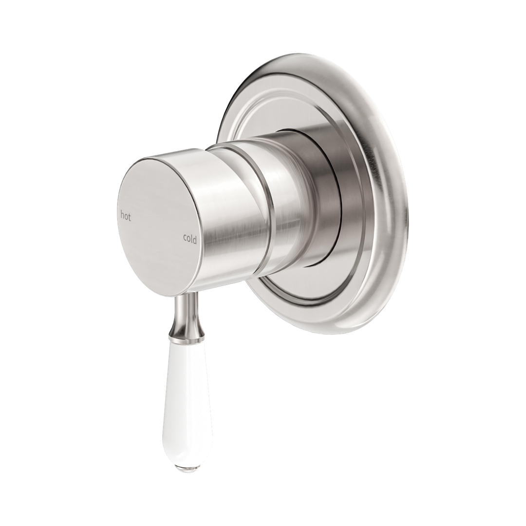 Nero York Shower Mixer With White Porcelain Lever Brushed Nickel