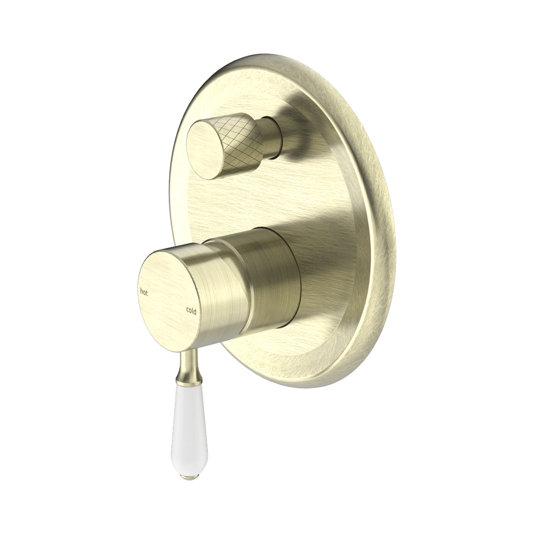 Nero York Shower Mixer With Diverter With White Porcelain Lever Aged Brass