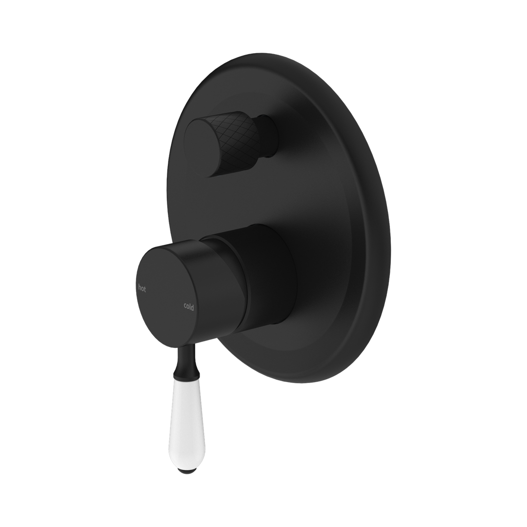 Nero York Shower Mixer With Diverter With White Porcelain Lever Matte Black