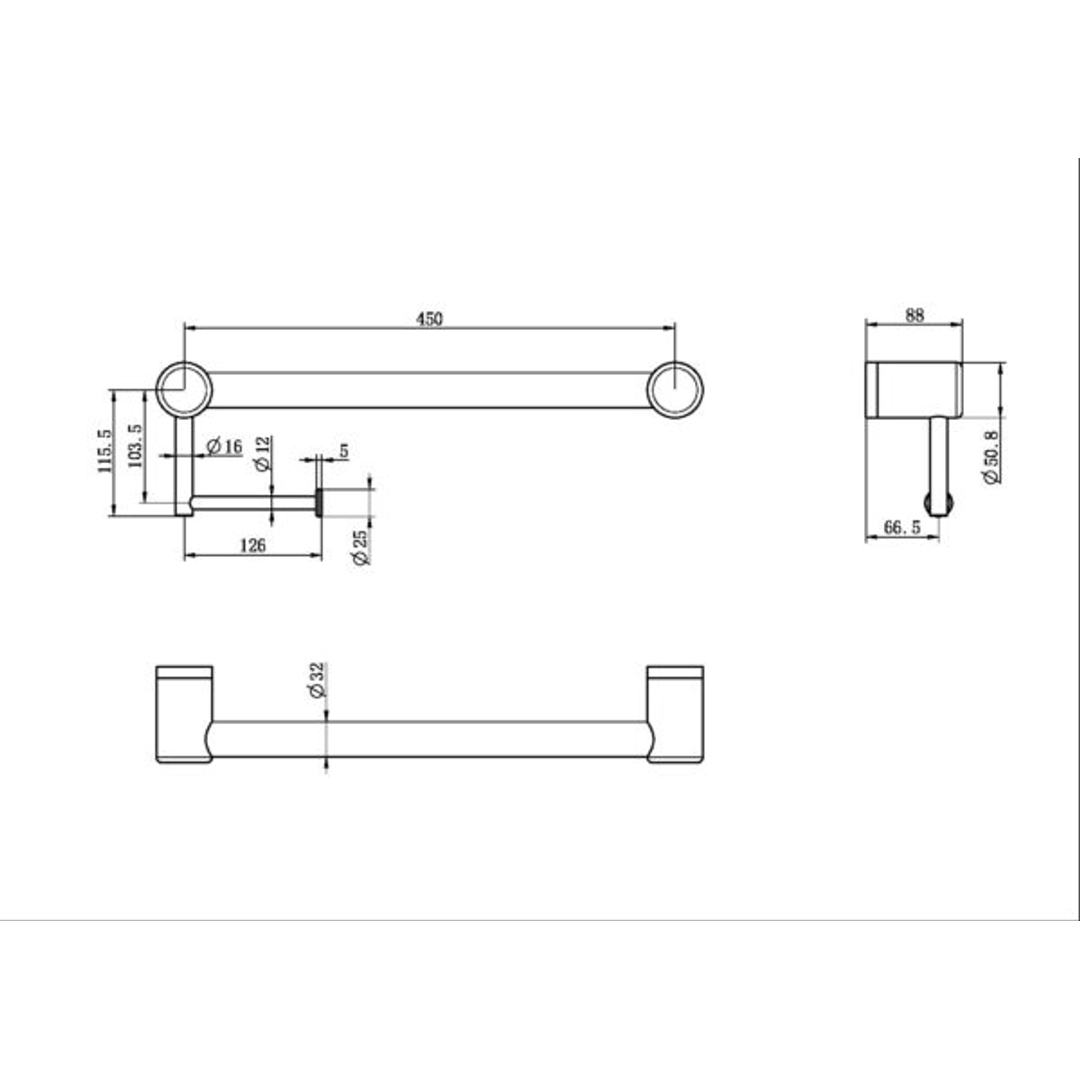 Nero Mecca Care 32Mm Grab Rail With Toilet Roll Holder 450Mm Chrome