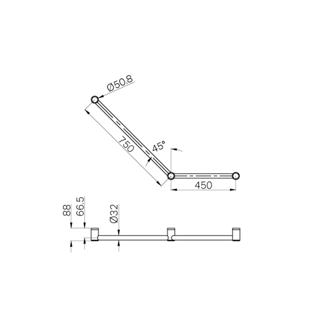 Nero Mecca Care 32mm Ambulant Toilet Grab Rail 45 Degree 750X450mm - Brushed Bronze