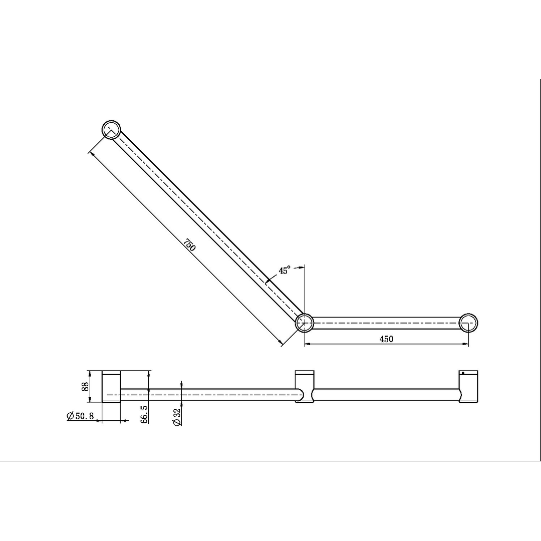 Nero Mecca Care 32mm Ambulant Toilet Grab Rail 45 Degree 750X450mm - Matt Black