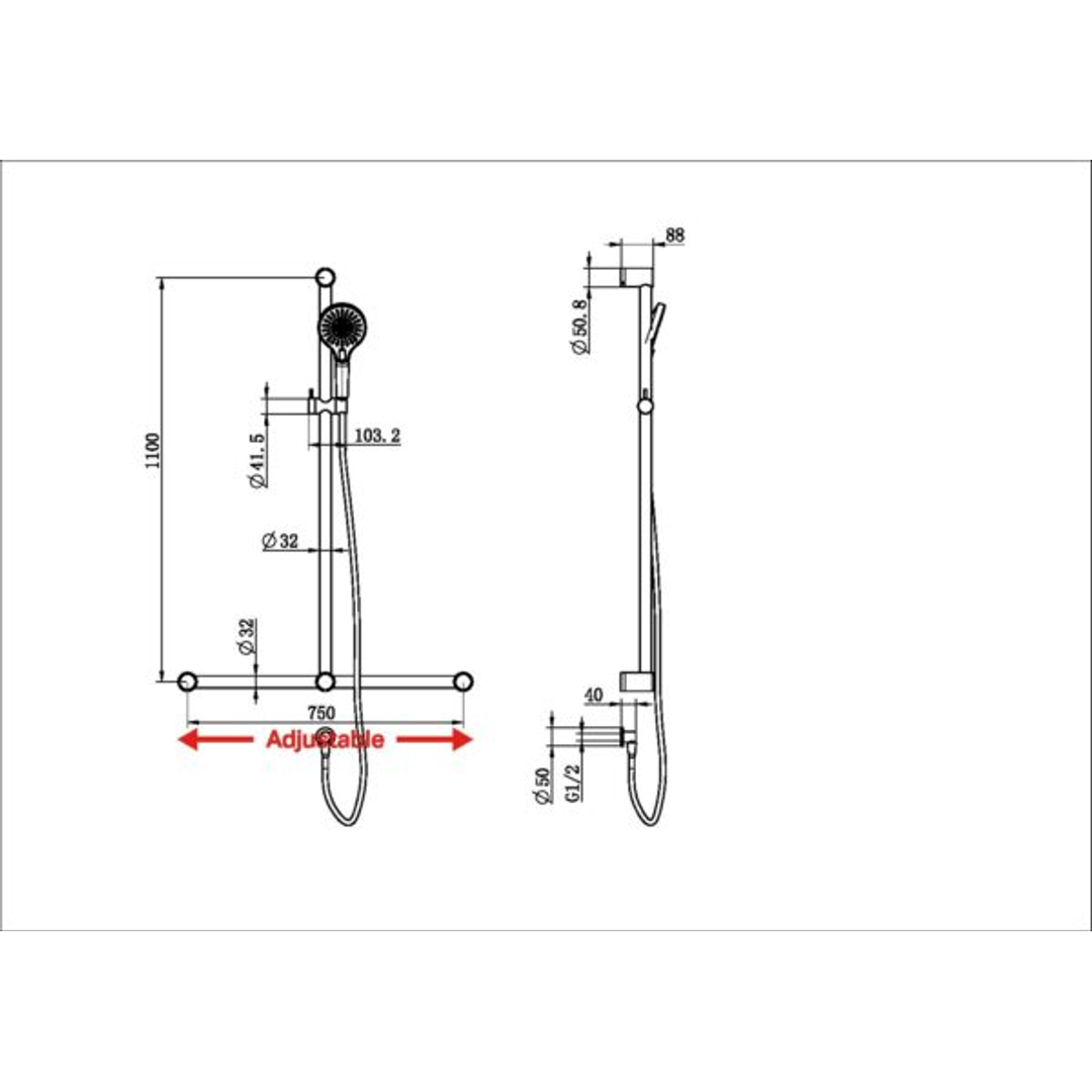 Nero Mecca Care 32Mm T Bar Grab Rail And Adjustable Shower Set 1100X750Mm Matte Black