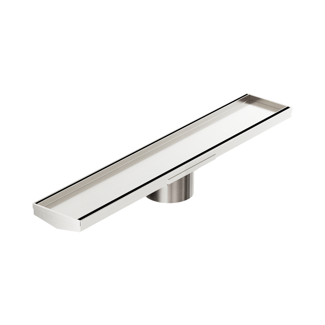 Nero Tile Insert V Channel 600X106Mm Floor Grate 90Mm Outlet Brushed Nickel
