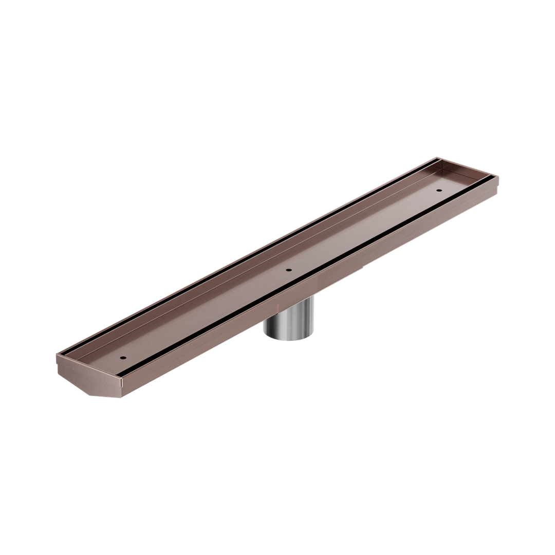 Nero Tile Insert V Channel 600X82Mm Floor Grate 50Mm Outlet Brushed Bronze